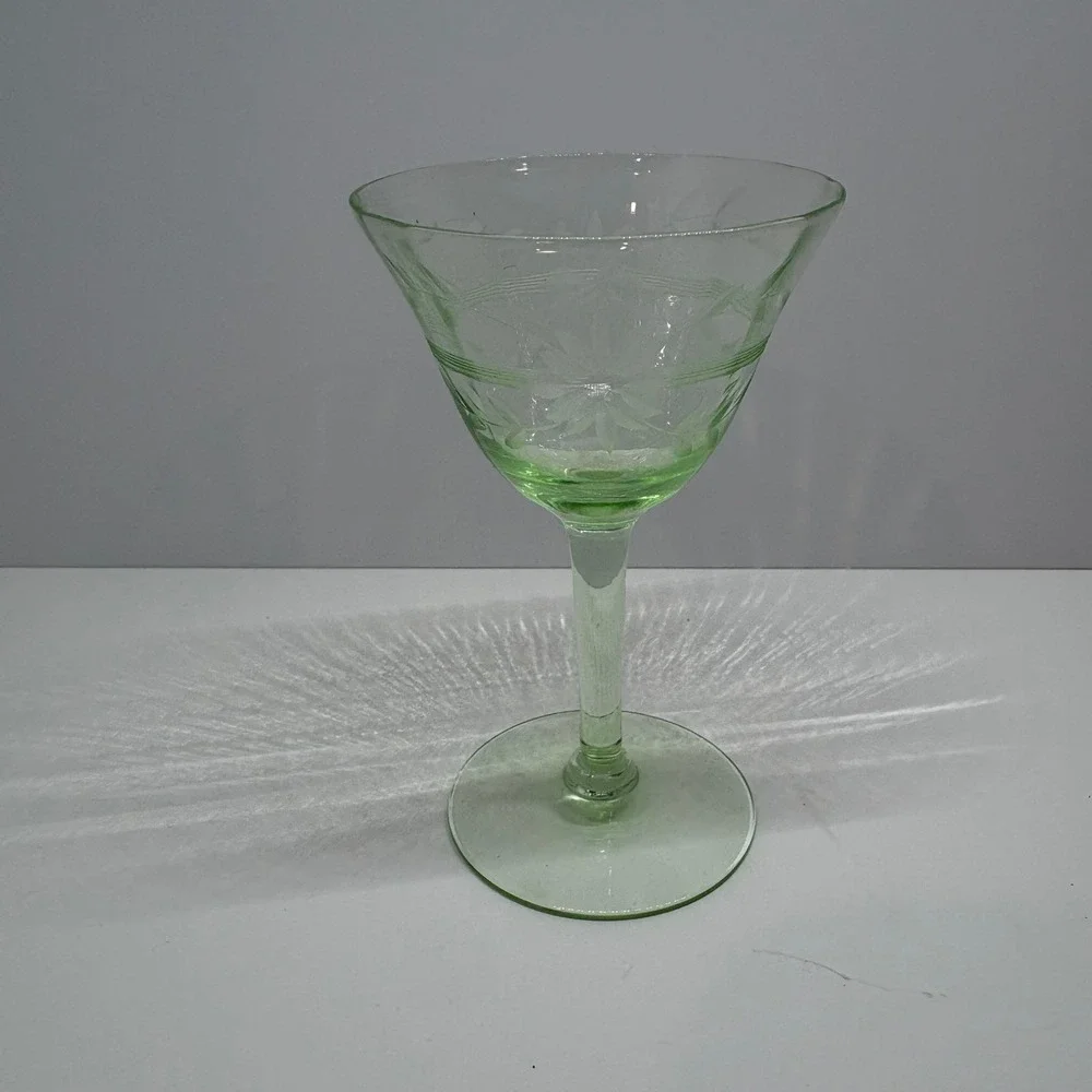Vintage Etched Floral Uranium Glass Cocktail Martini Glass Green Glow 4.25